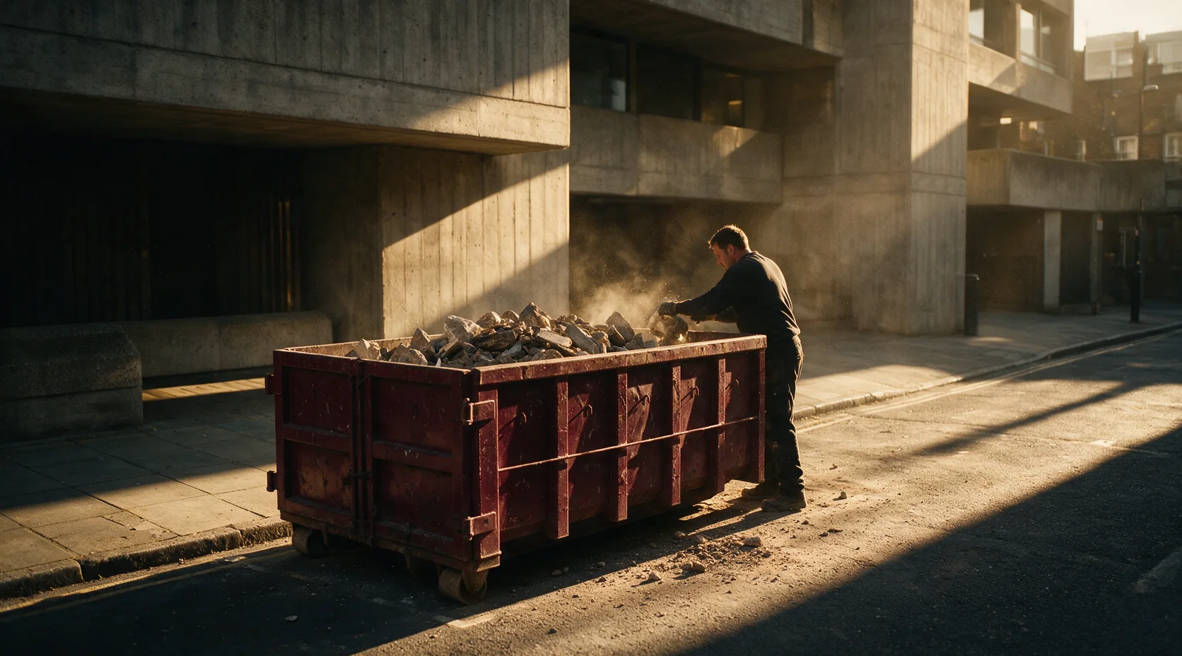 Trabalhador carregando entulho de obra em uma caçamba